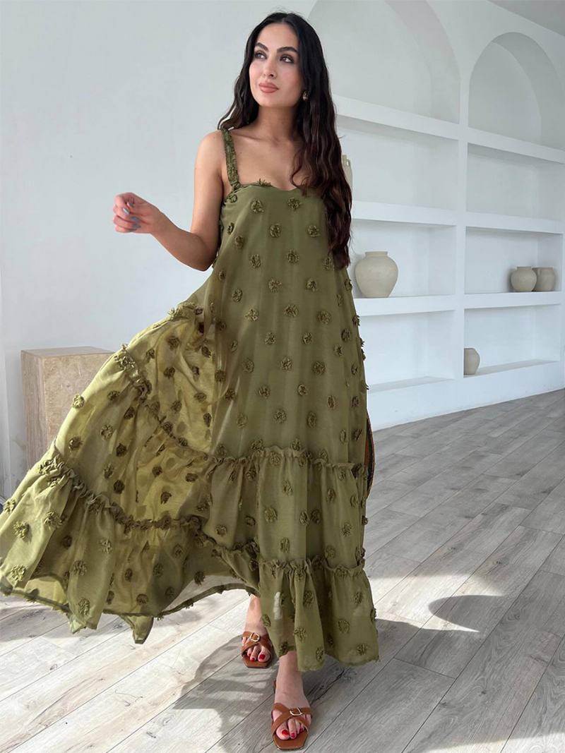 Dámské Boho Šaty S Volánky Ramínka Za Krkem Oversized Letní Bez Rukávů - Hunter Green