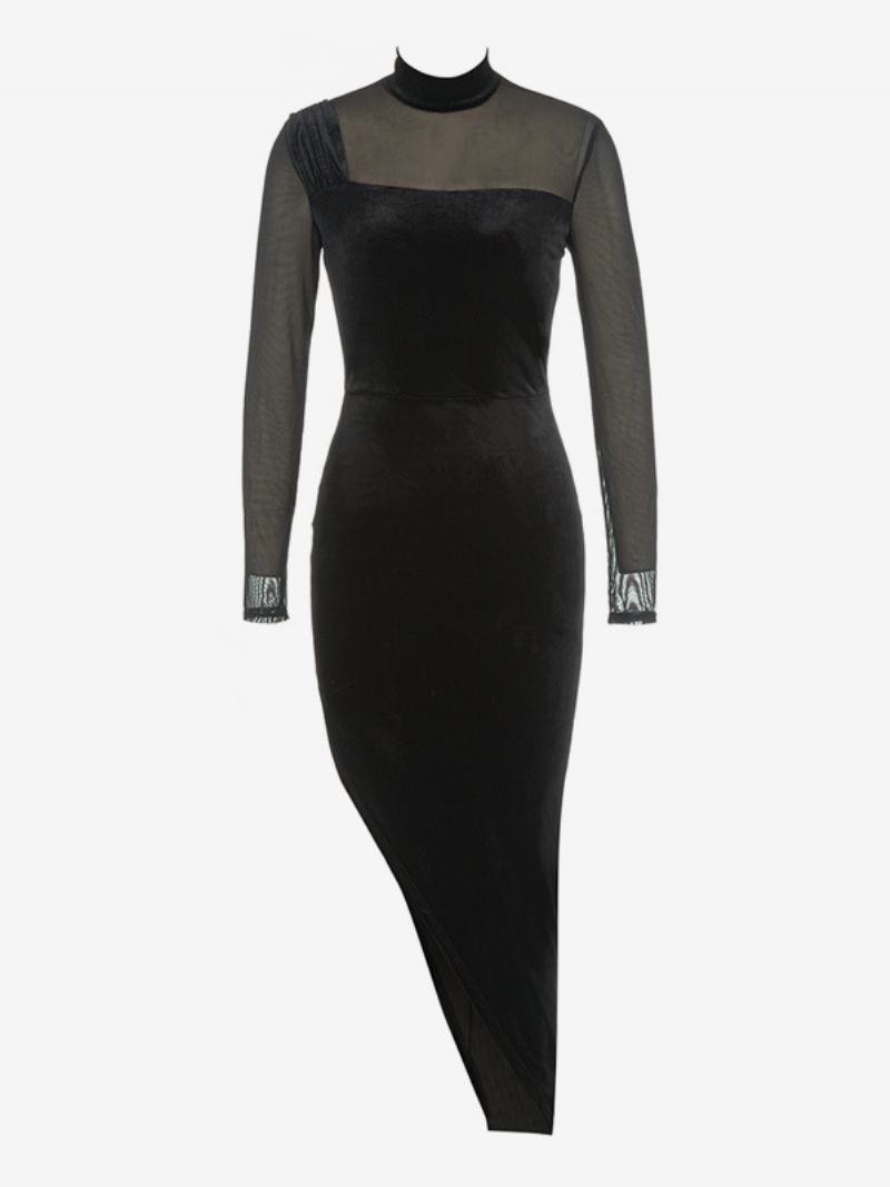 Dámské Sametové Šaty Asymetrické Iluze Výstřih Dlouhé Rukávy Bodycon Maxi - Černá