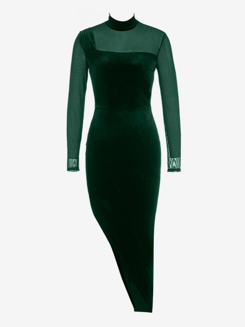 Dámské Sametové Šaty Asymetrické Iluze Výstřih Dlouhé Rukávy Bodycon Maxi - Tmavě Zelená