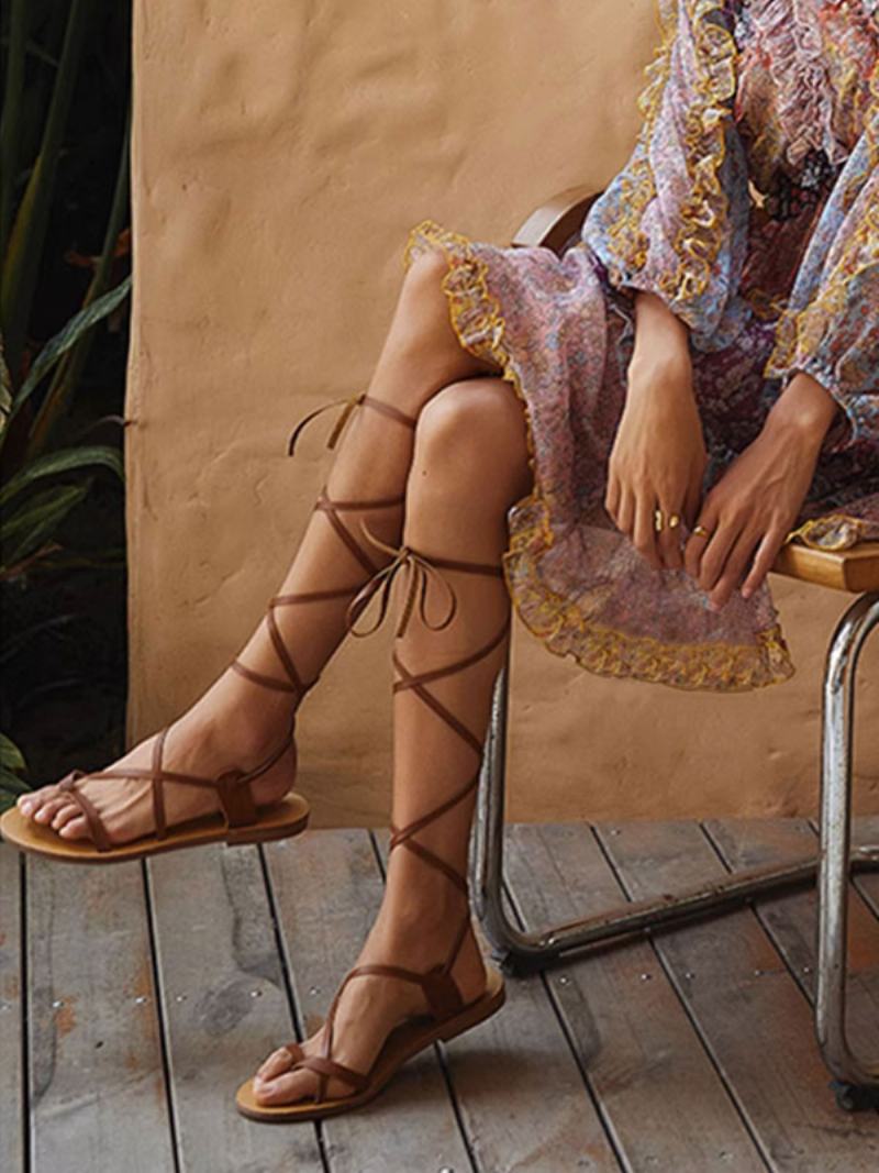 Dámské Boho Lace Up Ploché Sandály Brown Toe Loop Gladiator