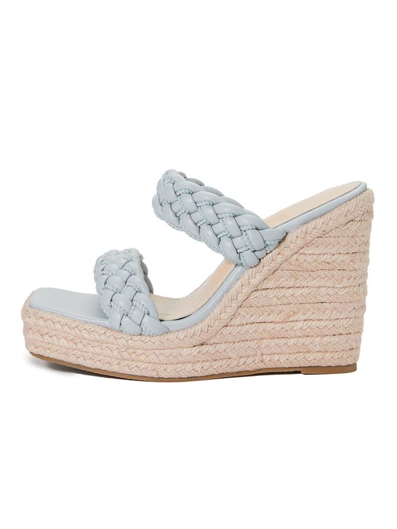 Dámské Mules Na Klínovém Podpatku Slip On Square Toe Pu Kůže Světle Blond Svatební Sandály Klínu Boho - Baby Blue