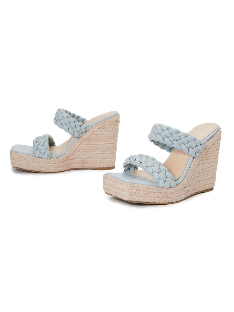 Dámské Mules Na Klínovém Podpatku Slip On Square Toe Pu Kůže Světle Blond Svatební Sandály Klínu Boho - Baby Blue