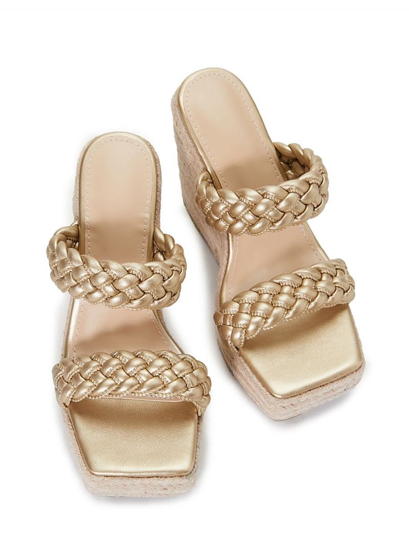 Dámské Mules Na Klínovém Podpatku Slip On Square Toe Pu Kůže Světle Blond Svatební Sandály Klínu Boho - Světle Zlatá