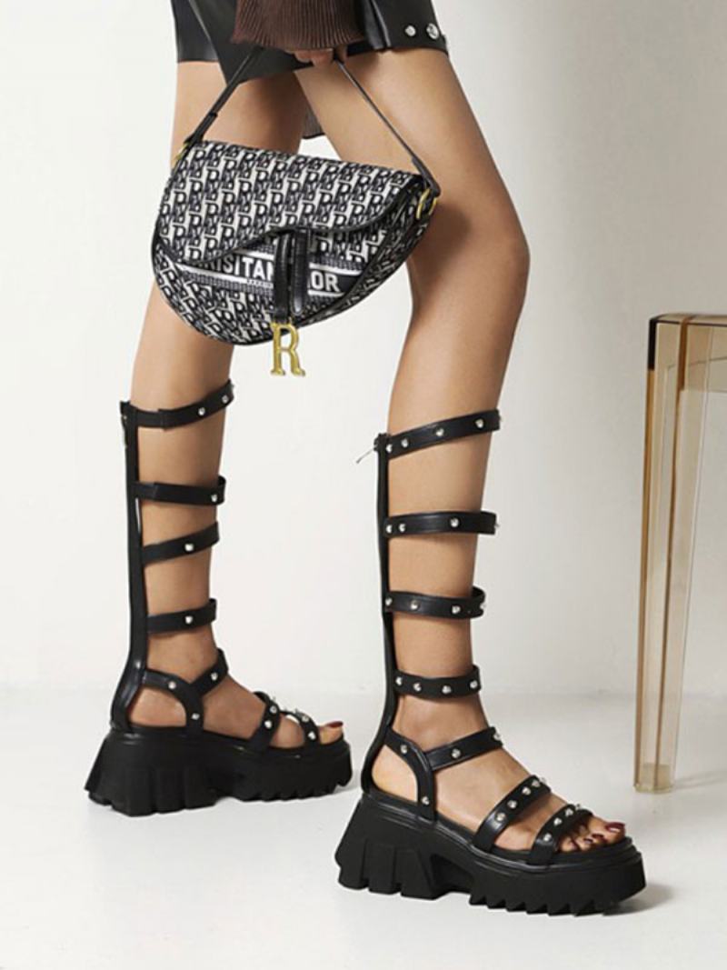 Dámské Sandály Plochého Tvaru Black Rivets Pu Kožené Gladiator - Černá