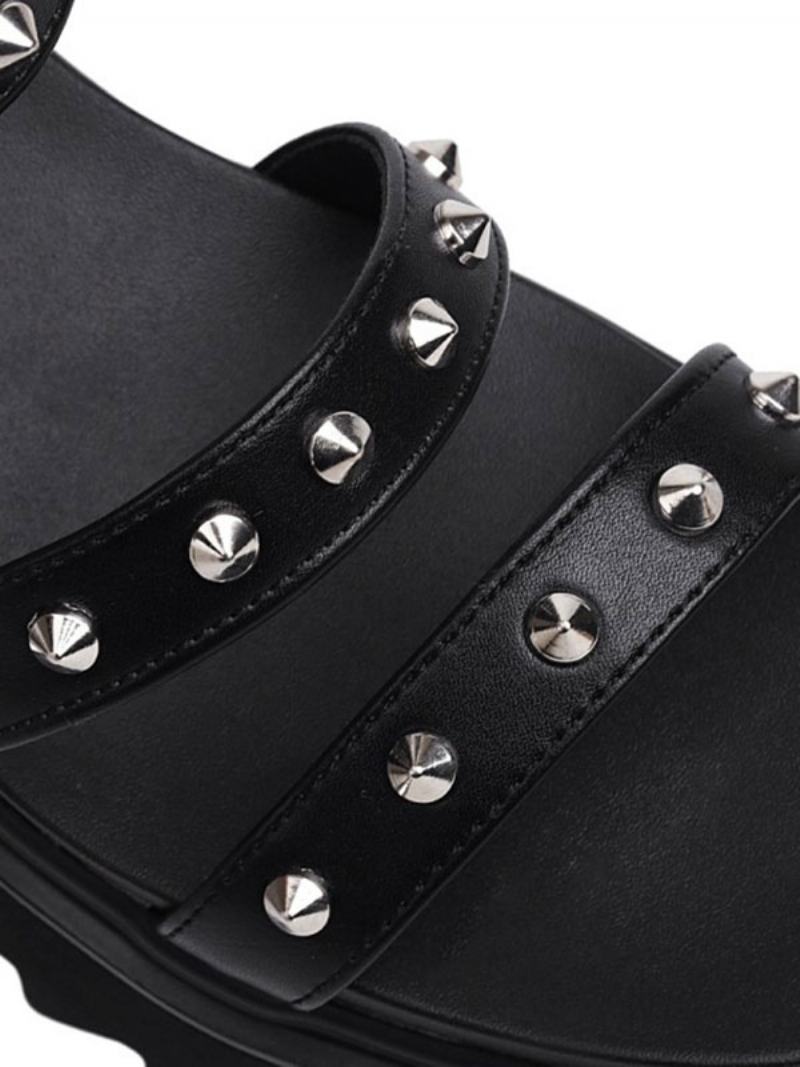 Dámské Sandály Plochého Tvaru Black Rivets Pu Kožené Gladiator - Černá