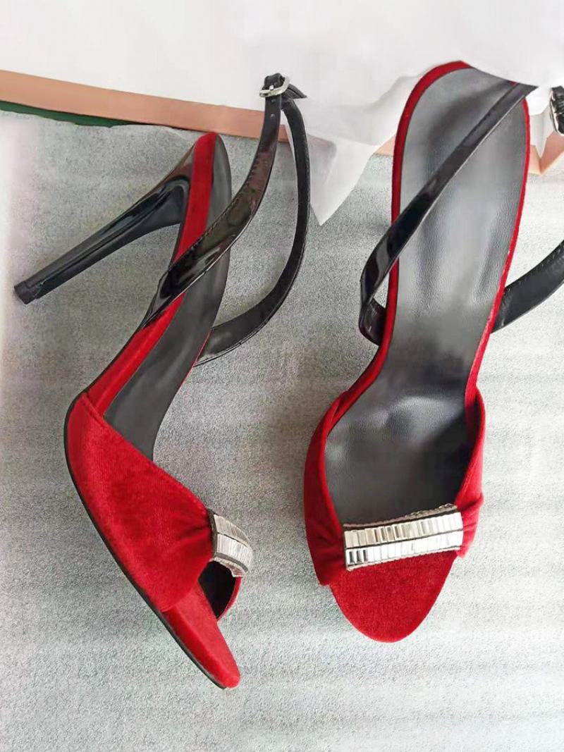 Dámské Červené Plesové Společenské Boty Velvet Open Toe Beaded Slingback Sandály Na Vysokém Podpatku