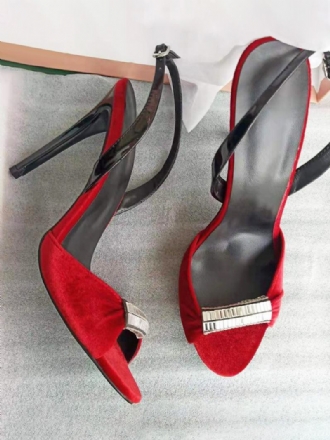 Dámské Červené Plesové Společenské Boty Velvet Open Toe Beaded Slingback Sandály Na Vysokém Podpatku