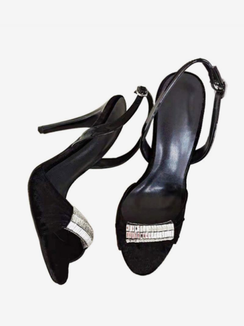 Dámské Červené Plesové Společenské Boty Velvet Open Toe Beaded Slingback Sandály Na Vysokém Podpatku - Černá