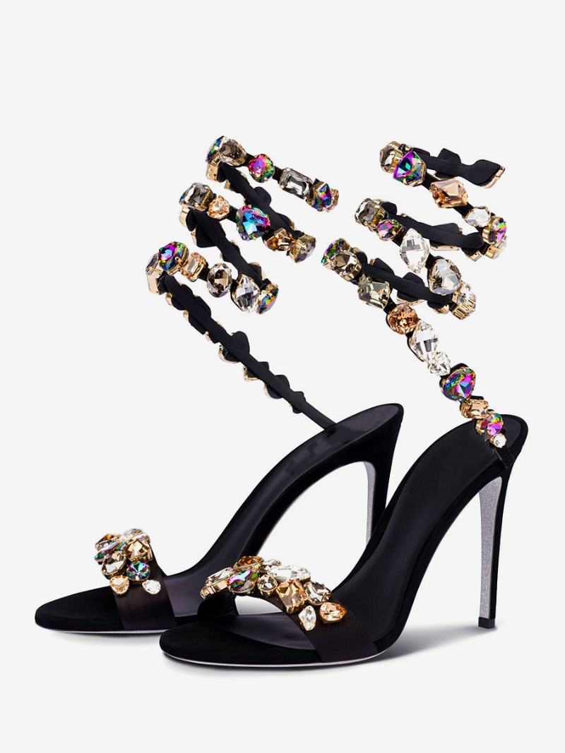 Sandály Na Vysokém Podpatku Black Satin Open Toe Rhinestones Boty Ples Dámské Párty