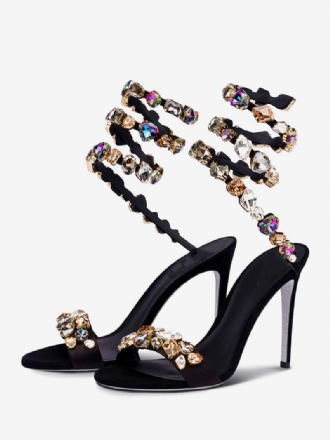 Sandály Na Vysokém Podpatku Black Satin Open Toe Rhinestones Boty Ples Dámské Párty