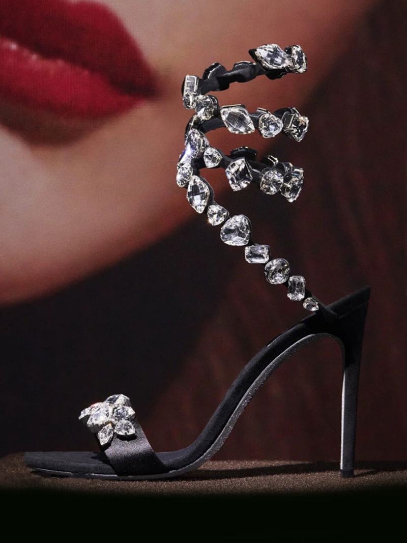 Sandály Na Vysokém Podpatku Black Satin Open Toe Rhinestones Boty Ples Dámské Párty - Bílá