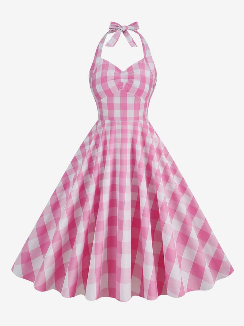 Dámské Kostkované Vintage Šaty Barbie Pink Gingham Z 50. Let