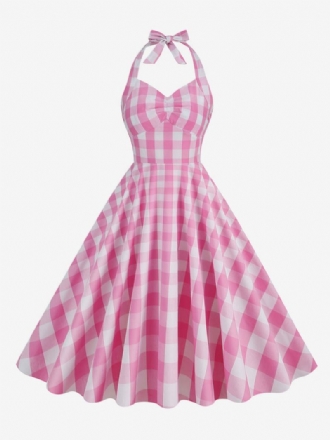 Dámské Kostkované Vintage Šaty Barbie Pink Gingham Z 50. Let