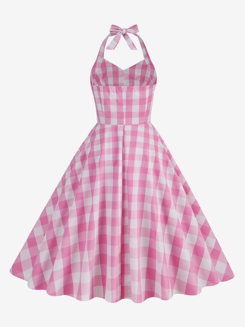 Dámské Kostkované Vintage Šaty Barbie Pink Gingham Z 50. Let - Růžová