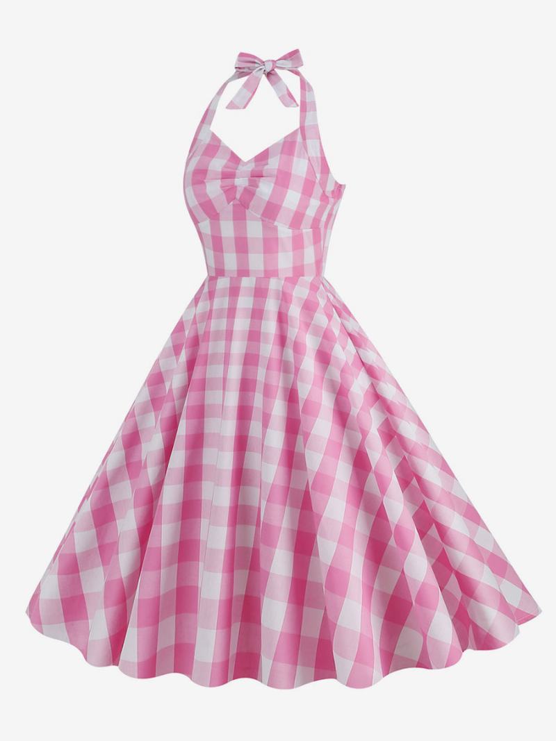 Dámské Kostkované Vintage Šaty Barbie Pink Gingham Z 50. Let - Růžová