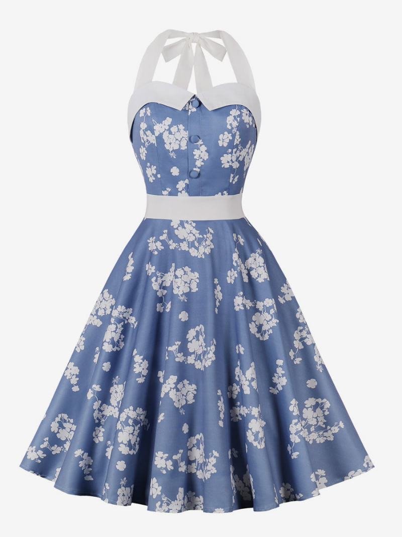 Dámské Retro Šaty Baby Blue S Květinovým Potiskem 50. Let Styl Audrey Hepburn Rockabilly Halter Bez Rukávů