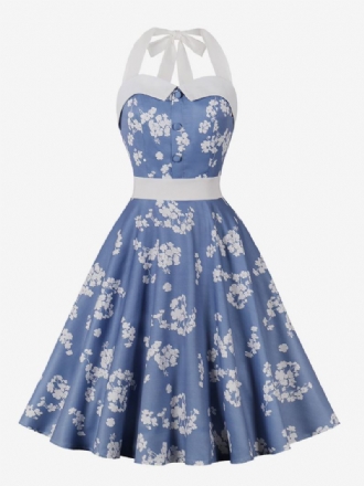 Dámské Retro Šaty Baby Blue S Květinovým Potiskem 50. Let Styl Audrey Hepburn Rockabilly Halter Bez Rukávů