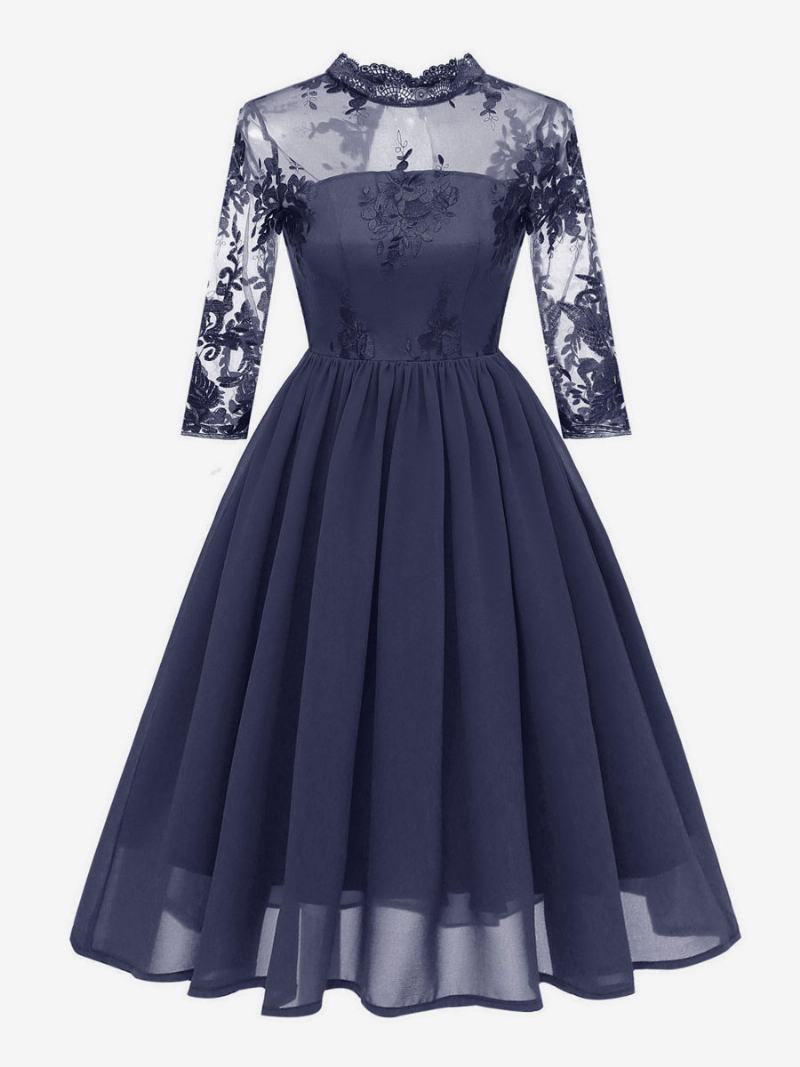 Dámské Retro Šaty Ve Stylu Audrey Hepburn Z 50. Let Burgundsko 3/4 Délka Rukávy Šifon Krajka Rockabilly - Dark Navy