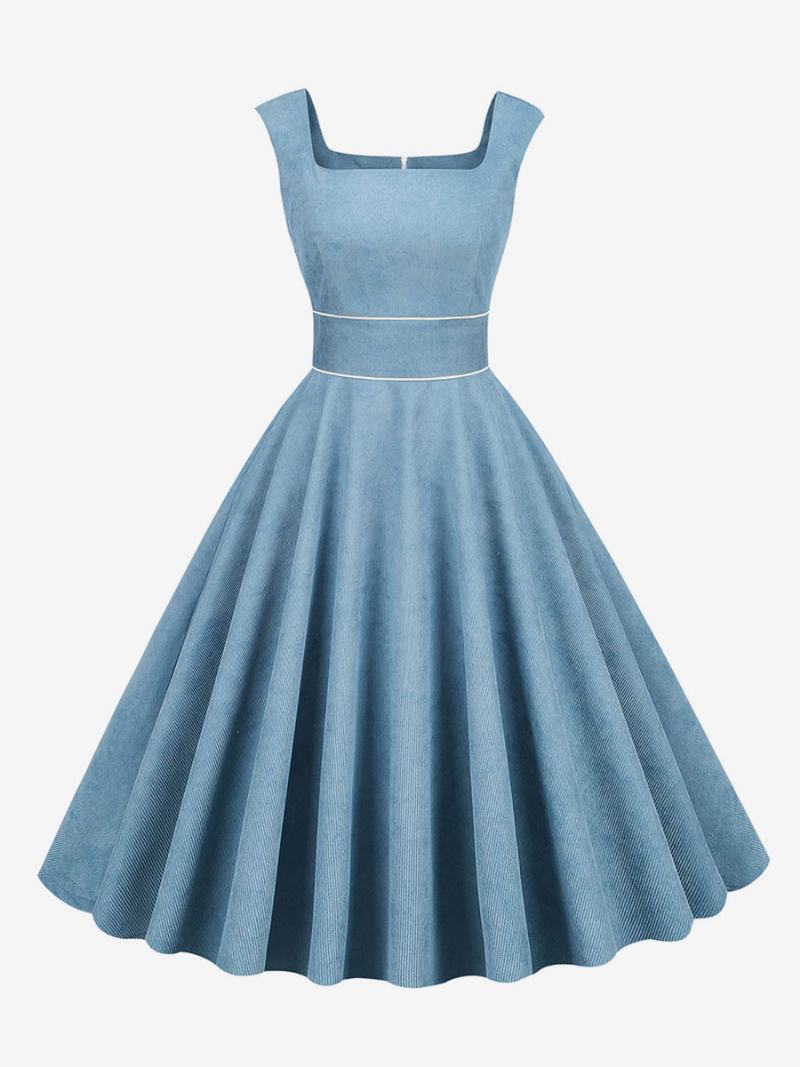 Dámské Retro Šaty Z 50. Let 20. Století Ve Stylu Audrey Hepburn Baby Blue Lemování Bez Rukávů S Čtvercovým Výstřihem Střední Rockabilly - Baby Blue