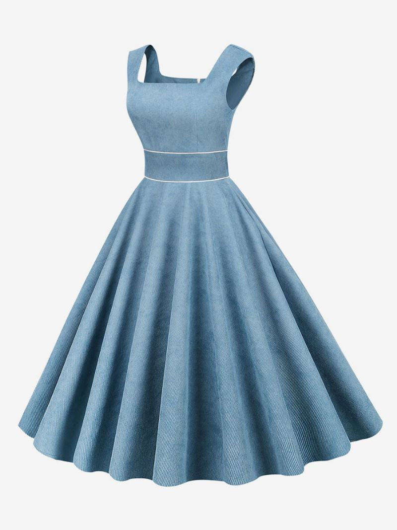 Dámské Retro Šaty Z 50. Let 20. Století Ve Stylu Audrey Hepburn Baby Blue Lemování Bez Rukávů S Čtvercovým Výstřihem Střední Rockabilly - Baby Blue