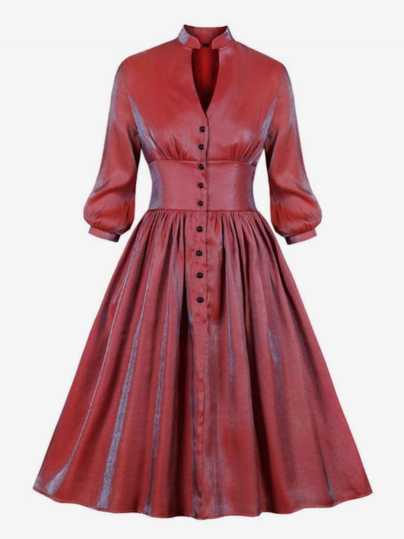 Dámské Vánoční Retro Šaty Z 50. Let Styl Audrey Hepburn Red Ombre Dlouhé Rukávy Rockabilly S Výstřihem Do V