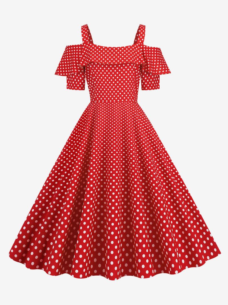 Dámské Vintage Šaty Bateau 50. Léta 20. Století Krátké Rukávy Středně Puntíkované Rockabilly - Červená