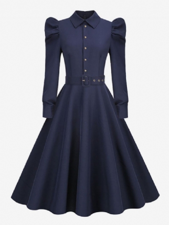 Dámské Vintage Šaty Z 50. Let Styl Audrey Hepburn Dark Navy S Dlouhým Rukávem Límeček Rockabilly