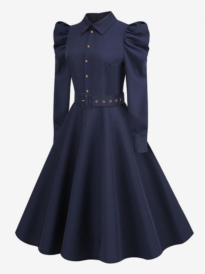 Dámské Vintage Šaty Z 50. Let Styl Audrey Hepburn Dark Navy S Dlouhým Rukávem Límeček Rockabilly - Temné Námořnictvo