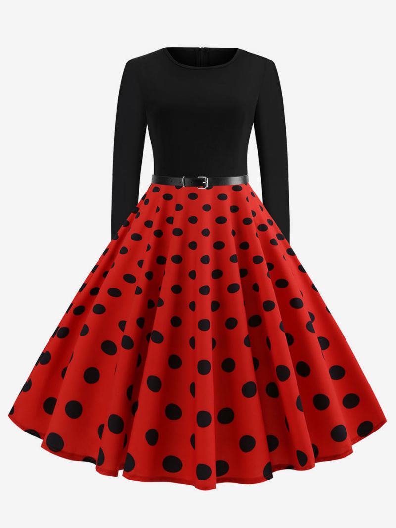 Dámské Červené Puntíkované Vintage Šaty 1950 S Dlouhými Rukávy Kulatým Výstřihem Rockabilly Swing Retro