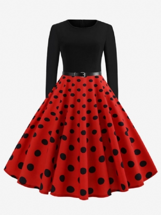 Dámské Červené Puntíkované Vintage Šaty 1950 S Dlouhými Rukávy Kulatým Výstřihem Rockabilly Swing Retro