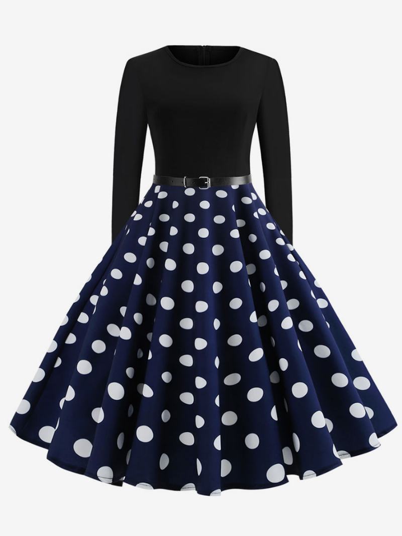 Dámské Červené Puntíkované Vintage Šaty 1950 S Dlouhými Rukávy Kulatým Výstřihem Rockabilly Swing Retro - Modrá