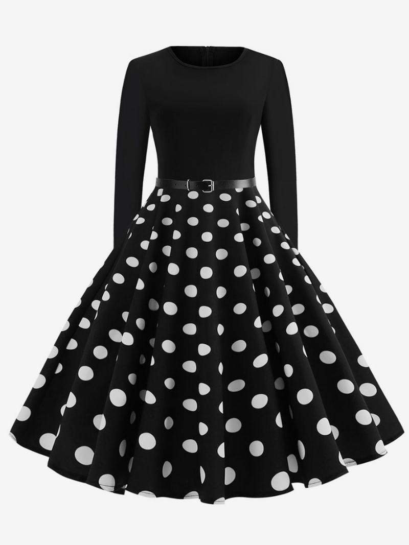 Dámské Červené Puntíkované Vintage Šaty 1950 S Dlouhými Rukávy Kulatým Výstřihem Rockabilly Swing Retro - Černá