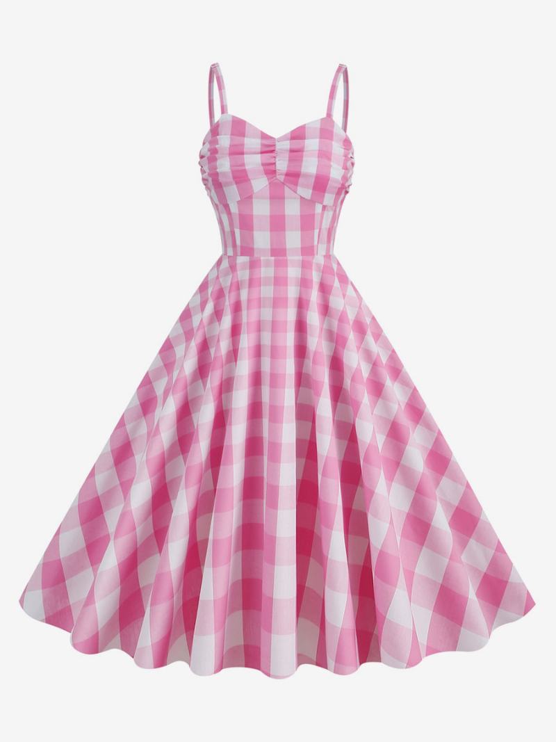 Dámské Šaty Barbie Růžové Gingham 50. Léta Plisované Na Ramínka Kostkované Vintage