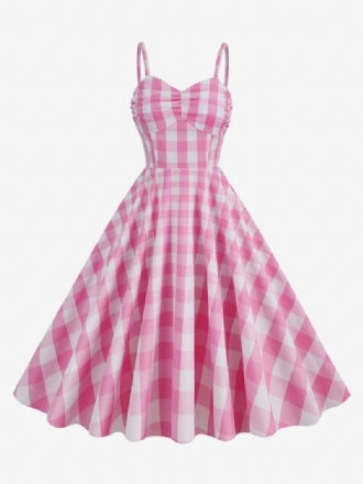 Dámské Šaty Barbie Růžové Gingham 50. Léta Plisované Na Ramínka Kostkované Vintage