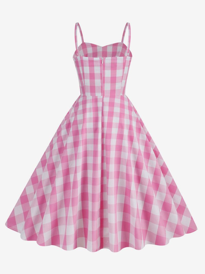 Dámské Šaty Barbie Růžové Gingham 50. Léta Plisované Na Ramínka Kostkované Vintage - Růžová