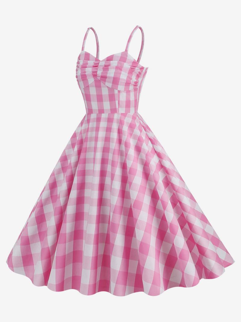 Dámské Šaty Barbie Růžové Gingham 50. Léta Plisované Na Ramínka Kostkované Vintage - Růžová