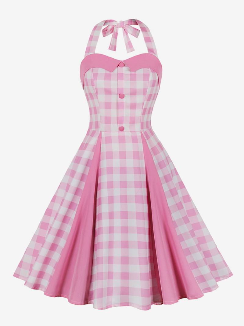 Dámské Šaty Barbie Růžové Gingham Vintage Midi Halter Z 50. Let