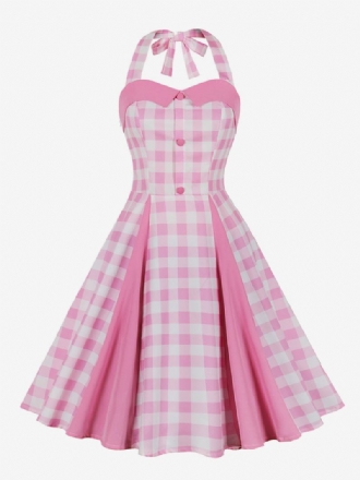 Dámské Šaty Barbie Růžové Gingham Vintage Midi Halter Z 50. Let