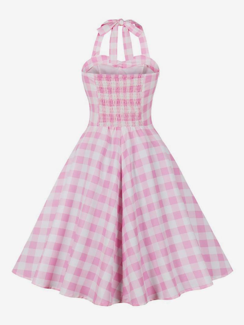 Dámské Šaty Barbie Růžové Gingham Vintage Midi Halter Z 50. Let - Růžový