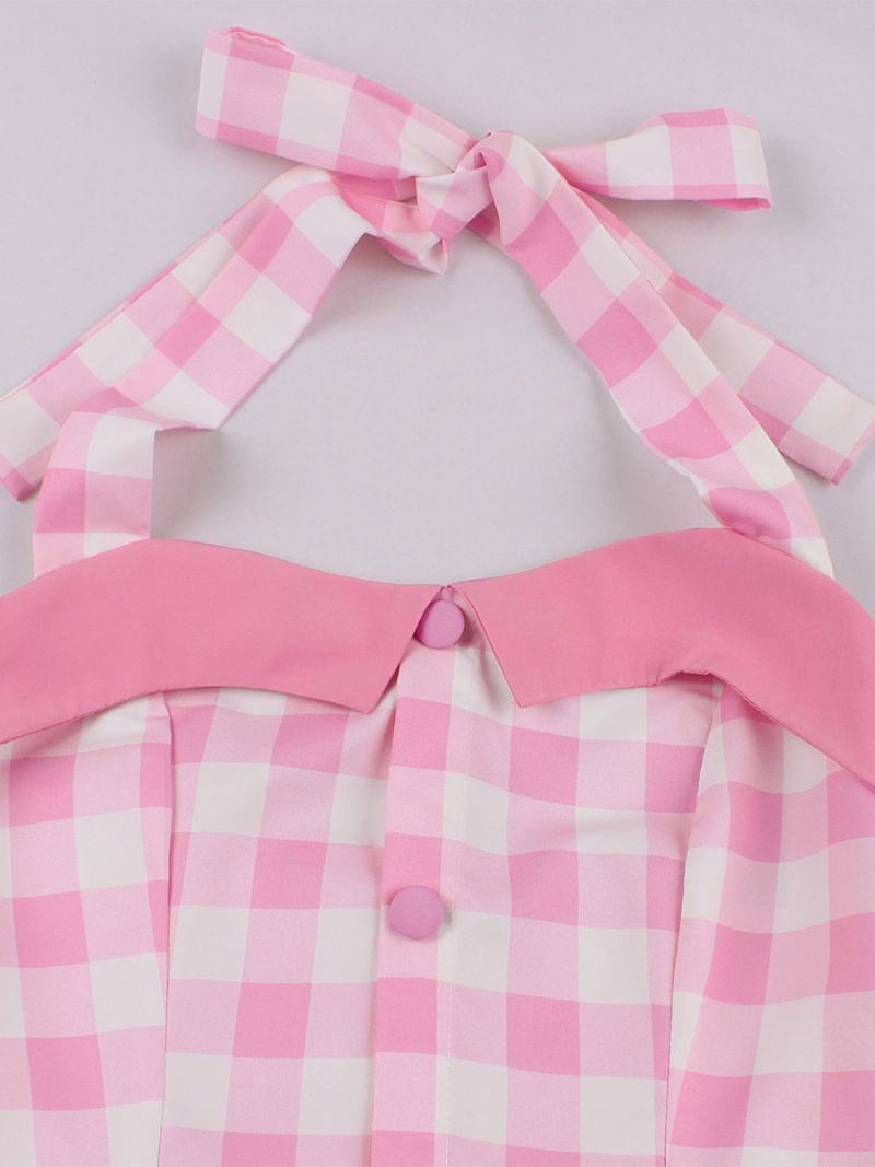 Dámské Šaty Barbie Růžové Gingham Vintage Midi Halter Z 50. Let - Růžový