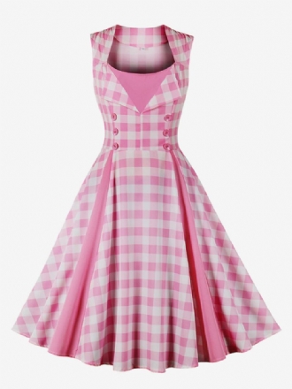 Dámské Šaty Barbie Růžové Gingham Vintage Z 50. Let Audrey Hepburn Swing Dress