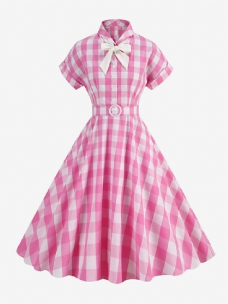 Dámské Šaty Barbie Růžové Gingham Z 50. Let 20. Století Kostkované Vintage S Krátkým Rukávem