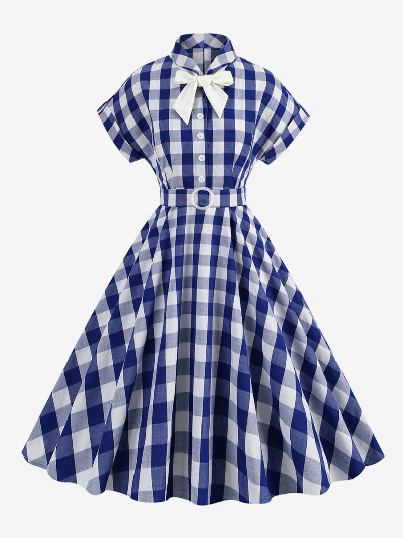 Dámské Šaty Barbie Růžové Gingham Z 50. Let 20. Století Kostkované Vintage S Krátkým Rukávem - Tmavě Modrá