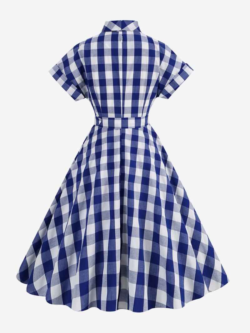 Dámské Šaty Barbie Růžové Gingham Z 50. Let 20. Století Kostkované Vintage S Krátkým Rukávem - Tmavě Modrá