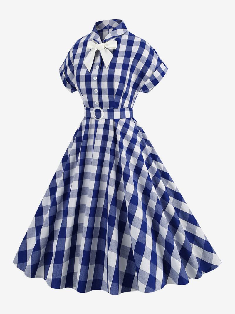 Dámské Šaty Barbie Růžové Gingham Z 50. Let 20. Století Kostkované Vintage S Krátkým Rukávem - Tmavě Modrá