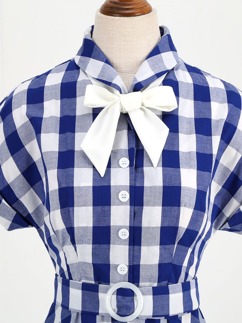 Dámské Šaty Barbie Růžové Gingham Z 50. Let 20. Století Kostkované Vintage S Krátkým Rukávem - Tmavě Modrá