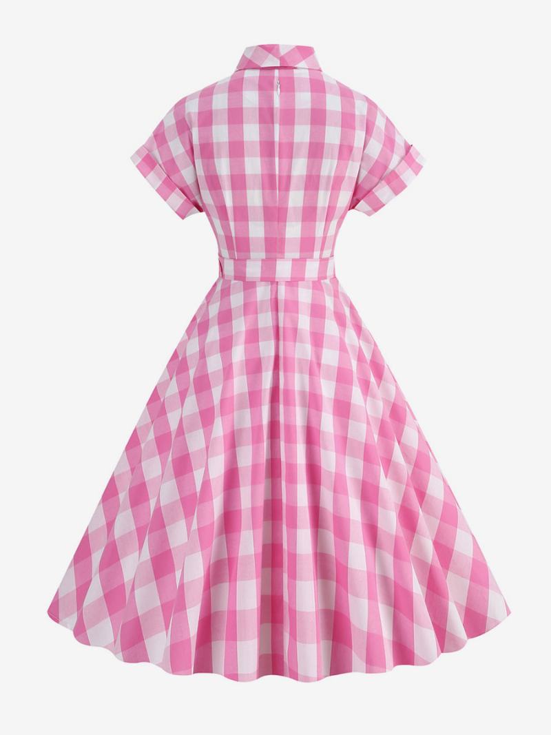 Dámské Šaty Barbie Růžové Gingham Z 50. Let 20. Století Kostkované Vintage S Krátkým Rukávem - Růžová