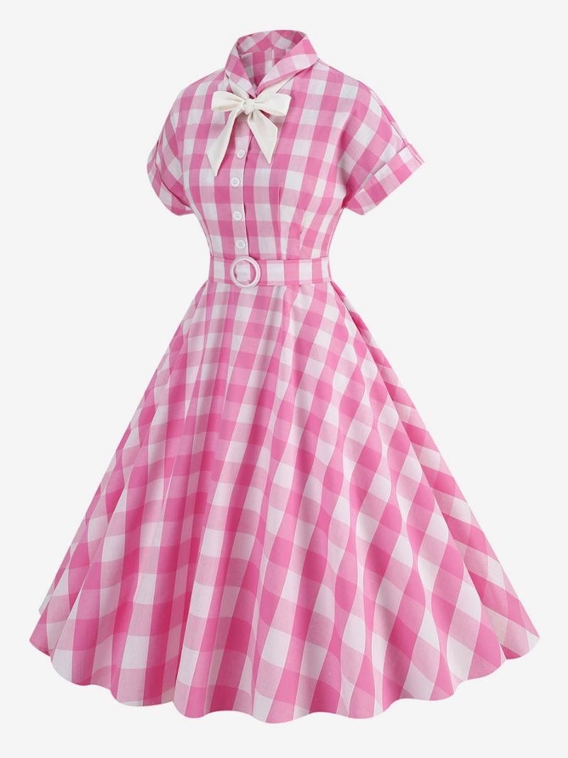 Dámské Šaty Barbie Růžové Gingham Z 50. Let 20. Století Kostkované Vintage S Krátkým Rukávem - Růžová