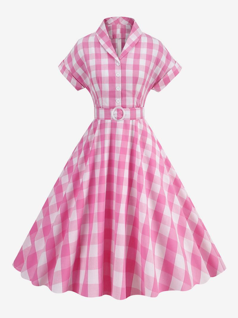 Dámské Šaty Barbie Růžové Gingham Z 50. Let 20. Století Kostkované Vintage S Krátkým Rukávem - Růžová