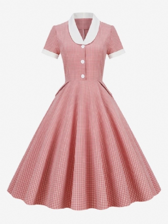 Dámské Šaty Barbie Růžové Gingham Z 50. Let 20. Století Vintage Ve Stylu Audrey Hepburn S Krátkými Rukávy